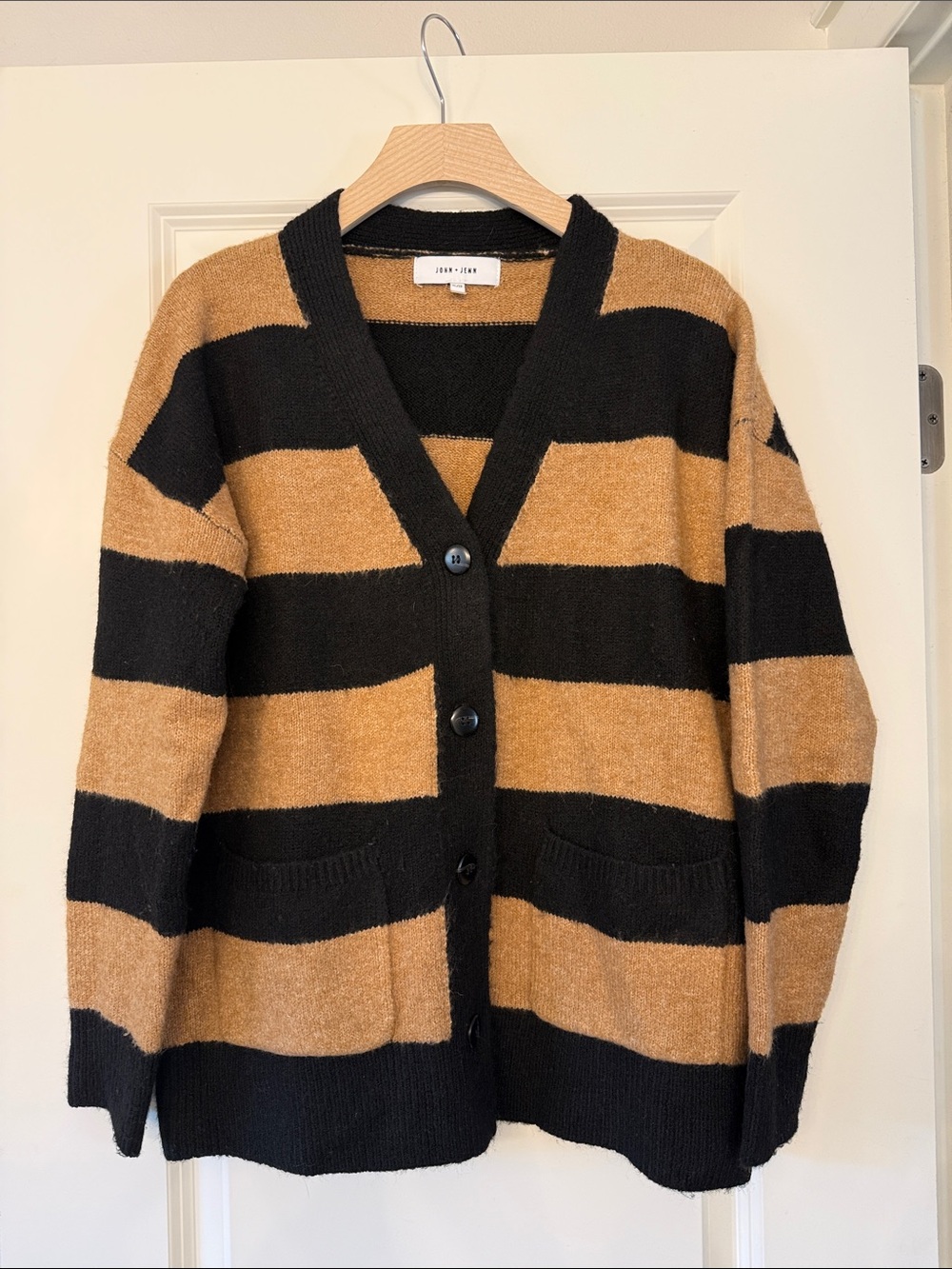 John + Jenn Black and Tan Striped V-Neck Cardigan